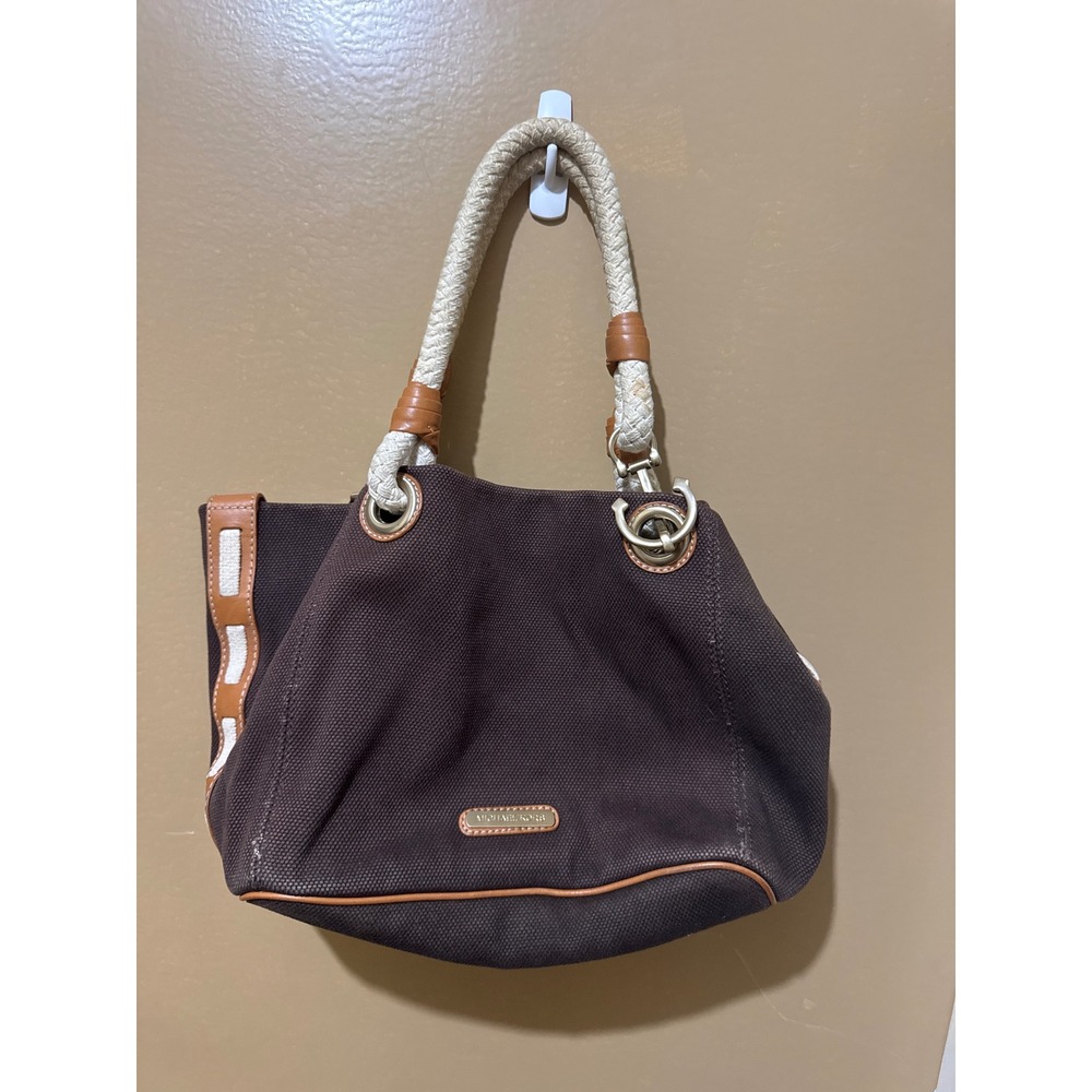 Michael Kors Tote Bag Women Large Brown Good Canvas Rope Handle Nautical Trim